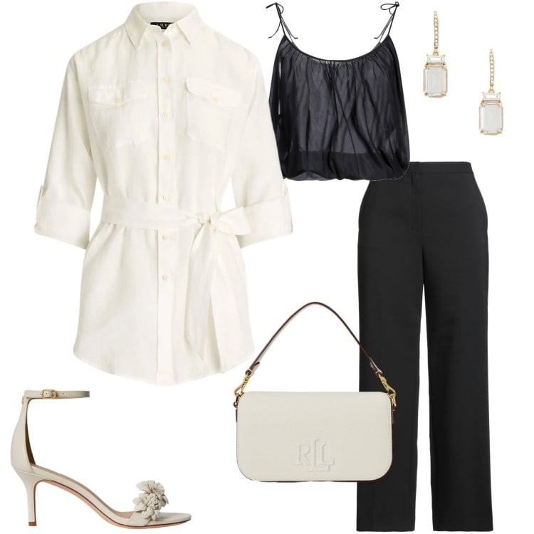 Outfit donna - Silhouette fluide e leggere. Stile Casual chic per Serata fuori. Abbinamento con pantaloni, top, camicie, orecchini, borse a spalla, sandali in pelle.