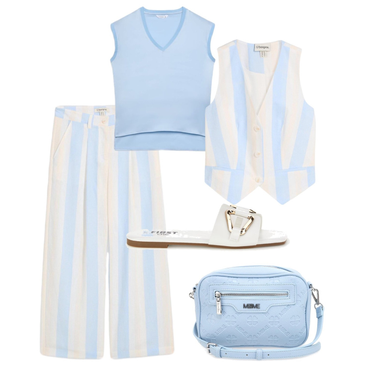 Outfit donna - Leggera in lino. Stile Trendy per Tutti i giorni. Abbinamento con gilet, pantaloni a palazzo, top, borse a tracolla, ciabatte.