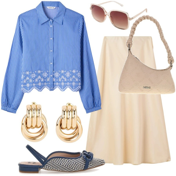Outfit donna - Fine settimana. Stile Casual chic per Cerimonia. Abbinamento con occhiali da sole, orecchini, gonne lunghe, camicie, ballerine, borse a spalla.
