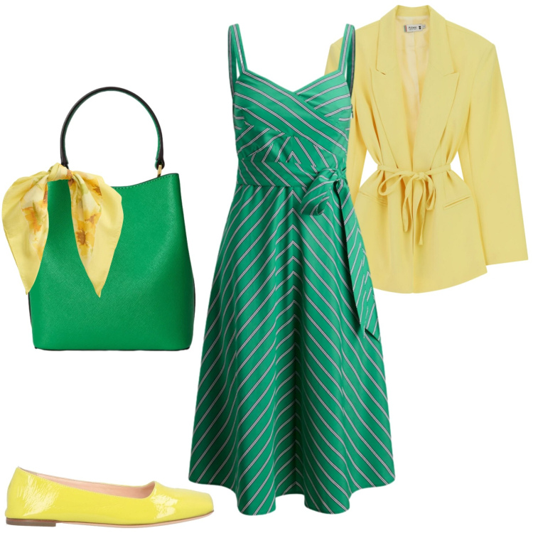 Outfit donna - Silhouette fluide e leggere. Stile Chic per Serata fuori. Abbinamento con ballerine, blazer, borse a secchiello, foulard, vestiti.