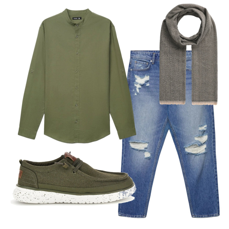 Outfit uomo - Total look #2395424. Stile Casual per Tutti i giorni. Abbinamento con sciarpe, camicie, jeans strappati, scarpe stringate.