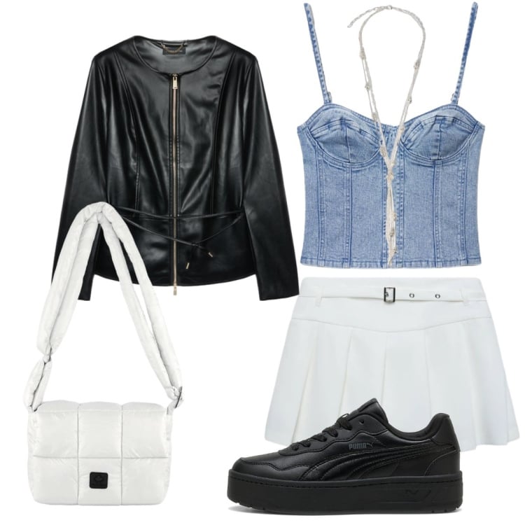 Outfit donna - Il top in denim. Stile Trendy per Serata fuori. Abbinamento con top, minigonne, collane, blazer, borse a spalla, sneakers.