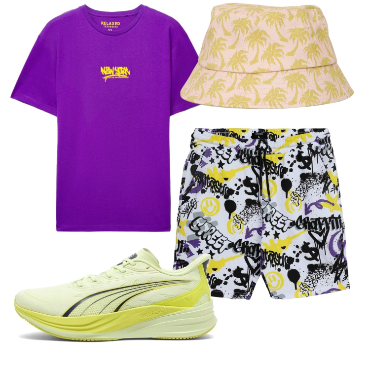 Outfit uomo - Total look #2395430. Stile Trendy per Mare. Abbinamento con cappelli con visiera, pantaloni corti, t-shirt, sneakers.