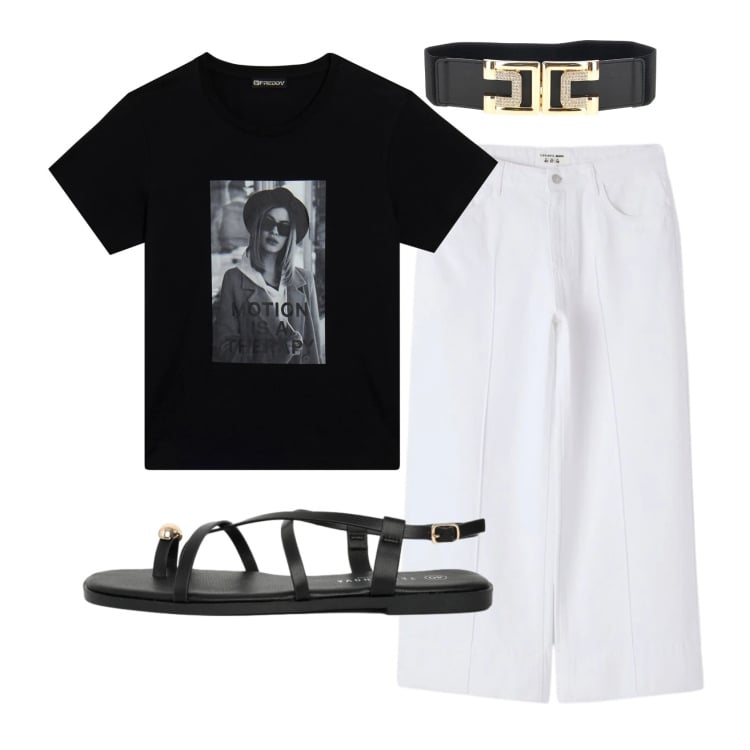 Outfit donna - Total look #2395432. Stile Casual chic per Ufficio. Abbinamento con pantaloni, sandali, t-shirt, cinture.