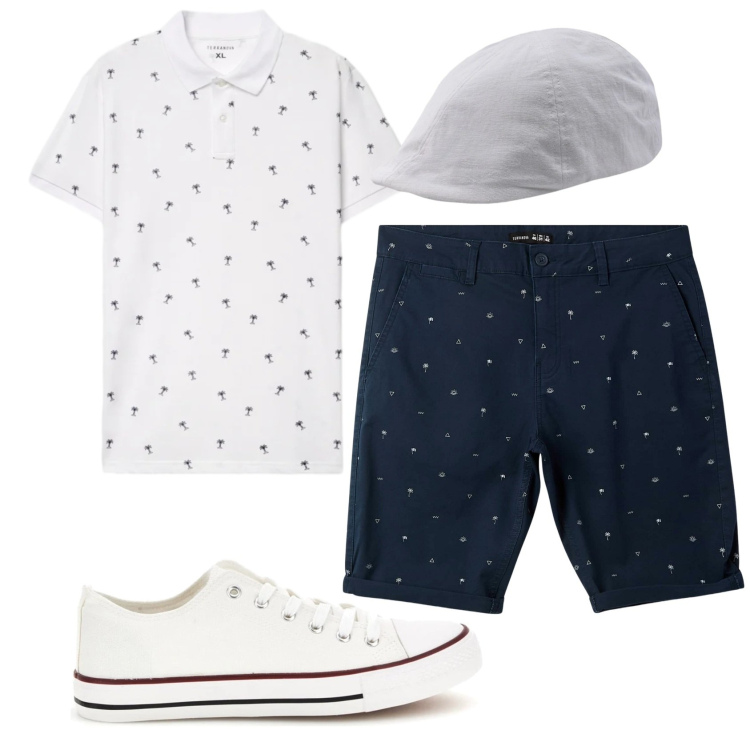 Outfit uomo - Total look #2395435. Stile Trendy per Tutti i giorni. Abbinamento con pantaloni corti, polo, cappelli con visiera, sneakers.