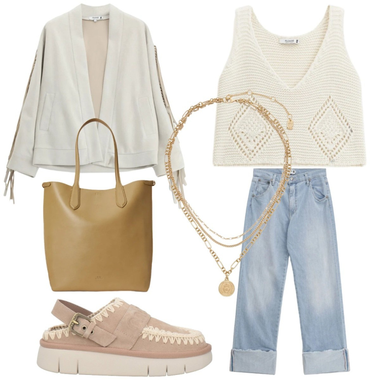 Outfit donna - Blazer boho style. Stile Boho per Tutti i giorni. Abbinamento con décolleté, blazer, jeans dritti, top, ciondoli, borse tote.