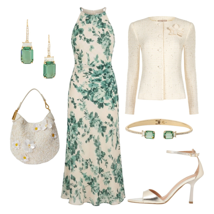 Outfit donna - Cerimonia floreale. Stile Chic per Cerimonia. Abbinamento con sandali in pelle, blazer, vestiti lunghi, pochette, orecchini, braccialetti.