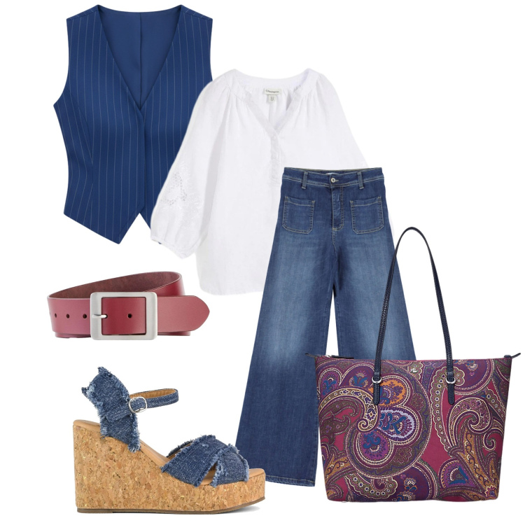 Outfit donna - Passeggiata in relax. Stile Casual per Tutti i giorni. Abbinamento con tuniche, cinture, jeans, gilet, borse tote, zeppe.