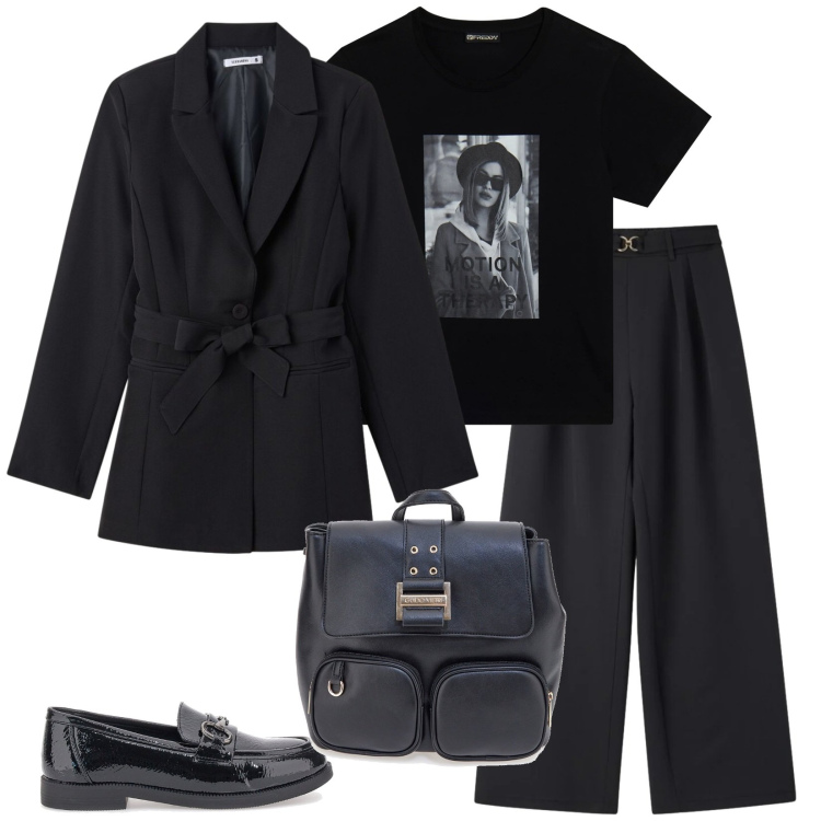 Outfit donna - Total look #2395441. Stile Urban per Tutti i giorni. Abbinamento con blazer, pantaloni, t-shirt, mocassini, zaini.