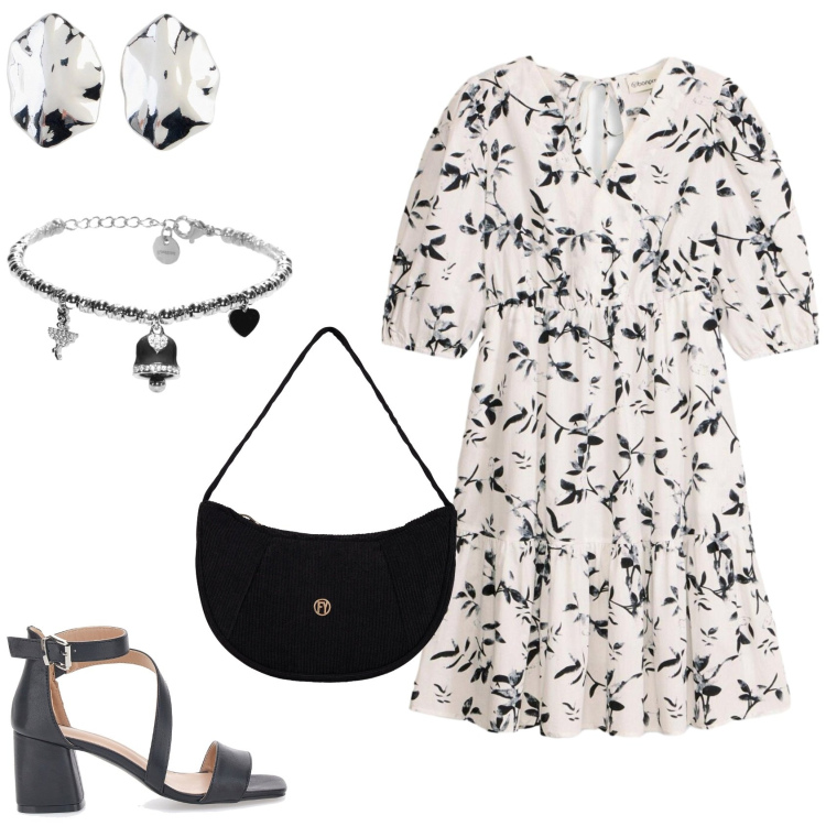 Outfit donna - Il mini abito in cotone. Stile Bon Ton per Serata fuori. Abbinamento con orecchini, vestiti corti, braccialetti, borse a mano, sandali col tacco.