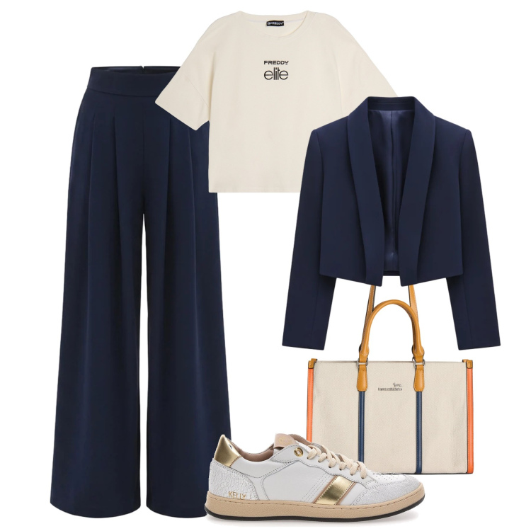 Outfit donna - Vita alta e tagli crop. Stile Casual chic per Serata fuori. Abbinamento con borse tote, pantaloni a palazzo, bolero, t-shirt, sneakers.
