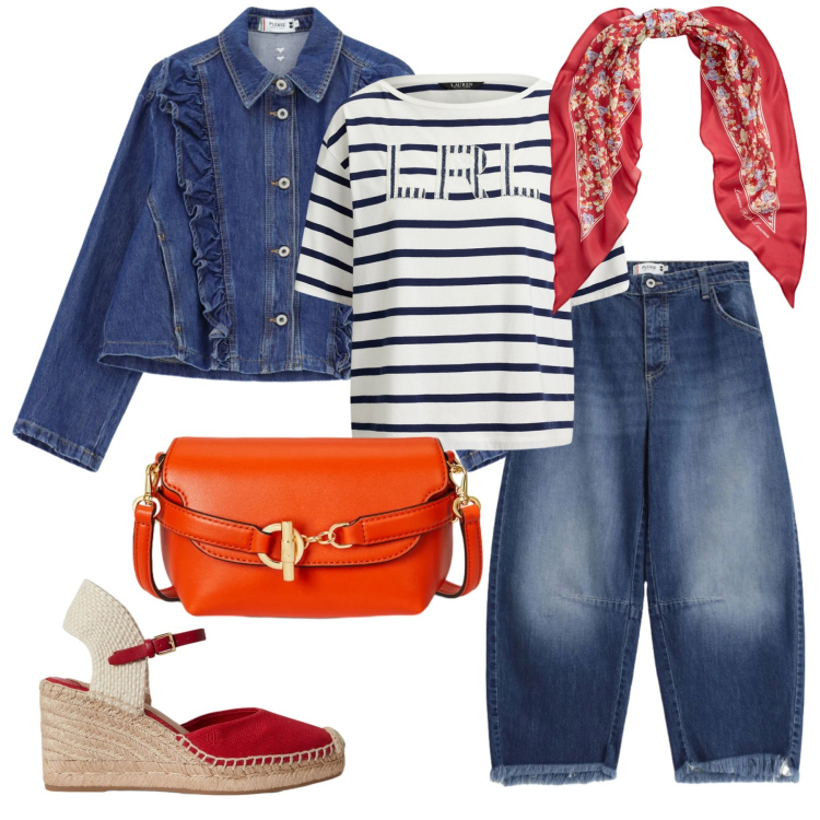 Outfit donna - Total look #2395445. Stile Casual per Tutti i giorni. Abbinamento con jeans, blazer, borse a tracolla, t-shirt, foulard, zeppe.