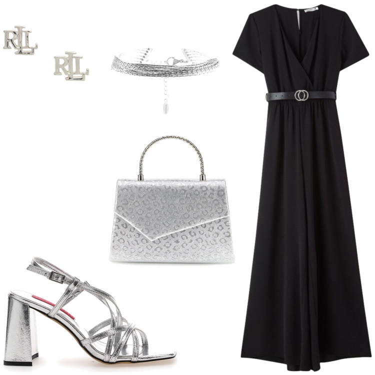 Outfit donna - Per una uscita serale. Stile Glamour per Serata fuori. Abbinamento con vestiti lunghi, braccialetti, orecchini, sandali col tacco, pochette.