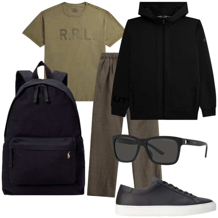 Outfit uomo - A lezione. Stile Urban per Tutti i giorni. Abbinamento con pantaloni, felpe con cappuccio, sneakers, borse sportive, t-shirt, occhiali da sole.