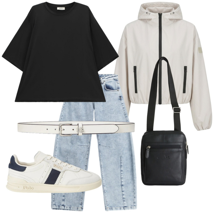 Outfit donna - Urban B&W. Stile Urban per Tutti i giorni. Abbinamento con borse a tracolla, t-shirt, jeans, bomber, sneakers, cinture.