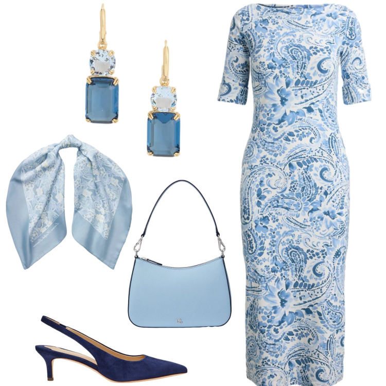Outfit donna - Total look #2395468. Stile Bon Ton per Cerimonia. Abbinamento con vestiti midi/longuette, décolleté, borse a spalla, foulard, orecchini.