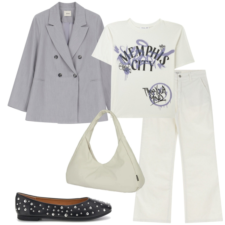 Outfit donna - Total look #2395471. Stile Casual chic per Tutti i giorni. Abbinamento con t-shirt, blazer, jeans, borse a spalla, ballerine.