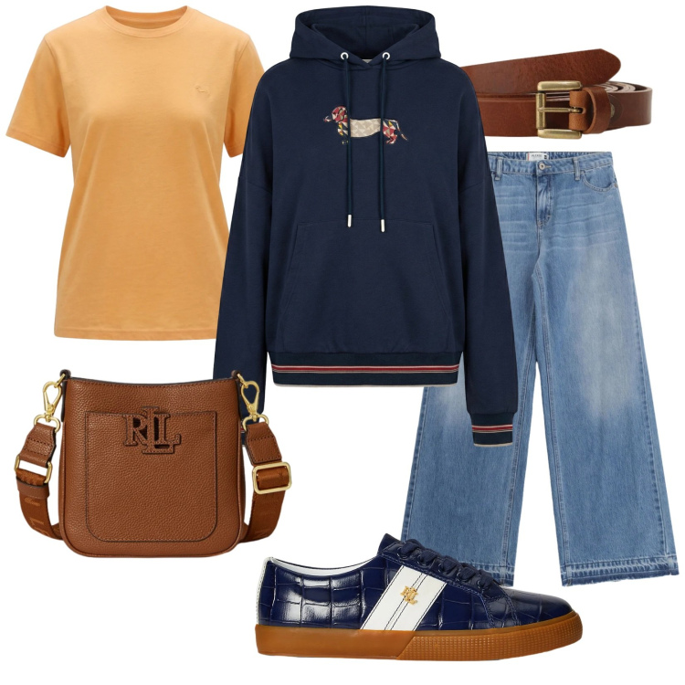 Outfit donna - Total look #2395472. Stile Urban per Tutti i giorni. Abbinamento con felpe con cappuccio, t-shirt, jeans, cinture, sneakers, borse a tracolla.
