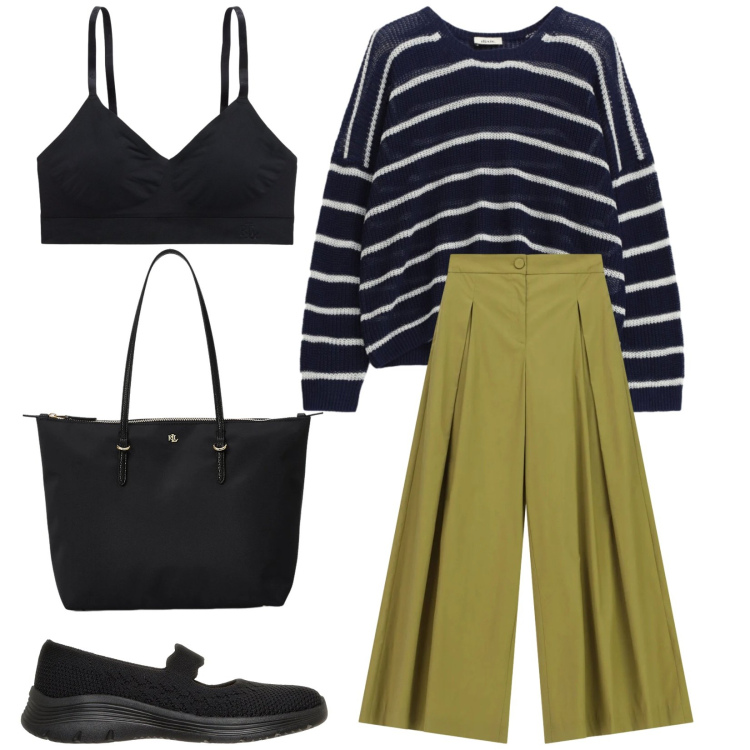 Outfit donna - Total look #2395473. Stile Urban per Tutti i giorni. Abbinamento con pantaloni a palazzo, maglieria, borse tote, reggiseni, ballerine.