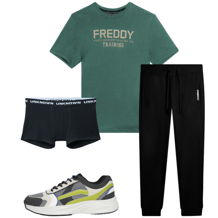 Outfit uomo - Total look #2395474. Stile Urban per Sport. Abbinamento con sneakers, boxer, t-shirt, pantaloni.