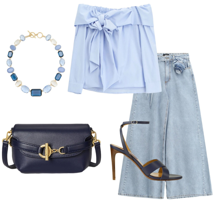 Outfit donna - Denim chic. Stile Casual chic per Serata fuori. Abbinamento con top, jeans, borse a tracolla, sandali col tacco, collane.