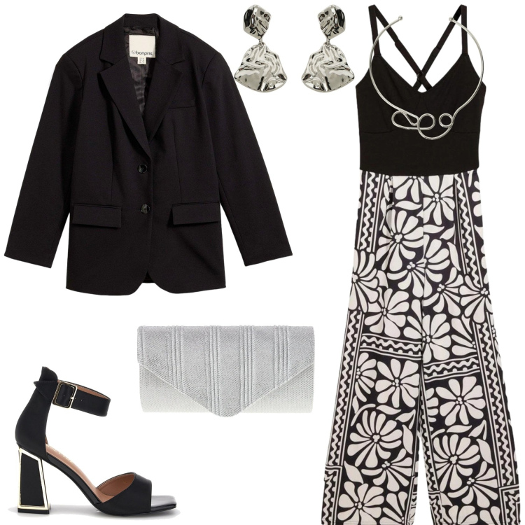 Outfit donna - Per una serata fuori. Stile Glamour per Serata fuori. Abbinamento con tute, blazer, collane, orecchini, sandali col tacco, pochette.