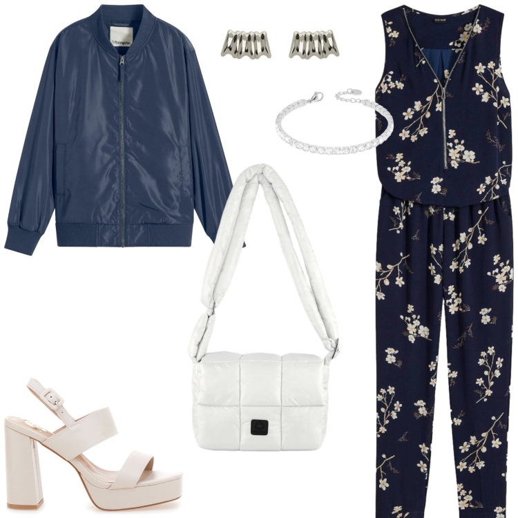Outfit donna - Lo stile Casual Chic. Stile Casual chic per Tutti i giorni. Abbinamento con bomber, tute, orecchini, borse a spalla, braccialetti, sandali col tacco.