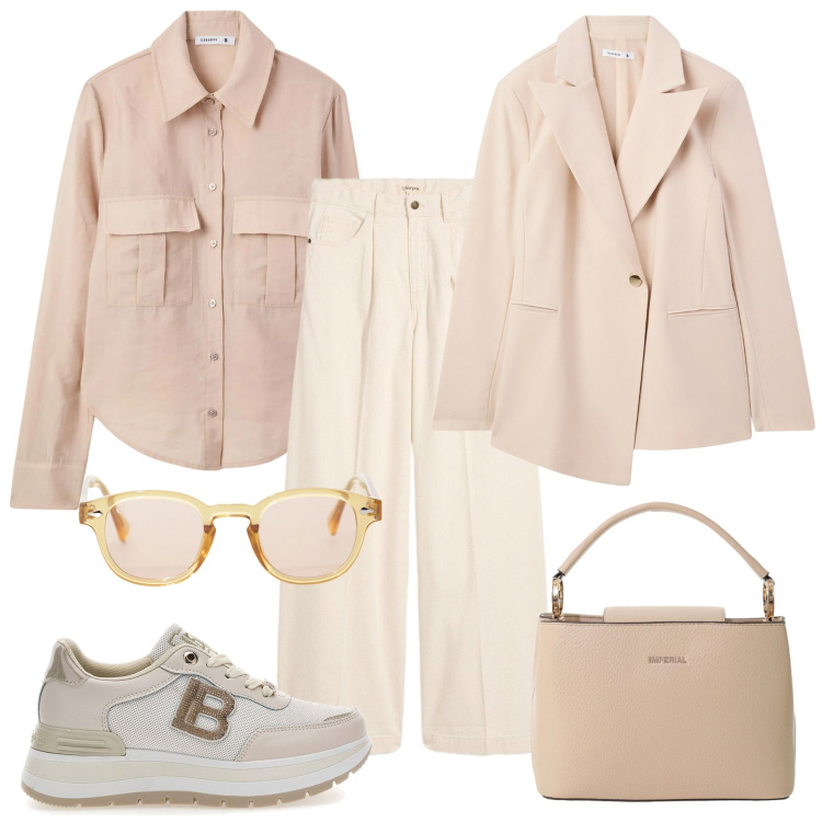 Outfit donna - Monocrome primaverile. Stile Basic per Ufficio. Abbinamento con jeans, camicie, blazer, occhiali da sole, borse a secchiello, sneakers.