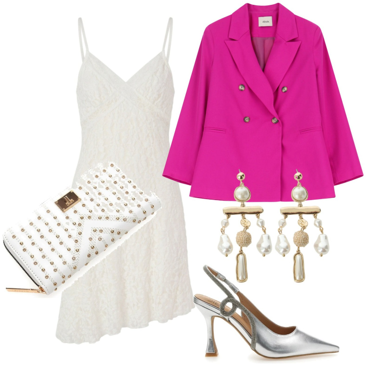 Outfit donna - Chandelier romantici. Stile Chic per Serata fuori. Abbinamento con vestiti corti, blazer, orecchini, décolleté, portafogli.