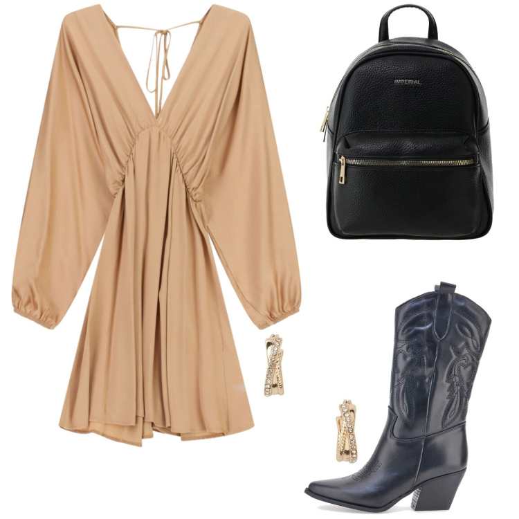 Outfit donna - Boho chic. Stile Boho per Tutti i giorni. Abbinamento con zaini, vestiti corti, orecchini, stivaletti texani.