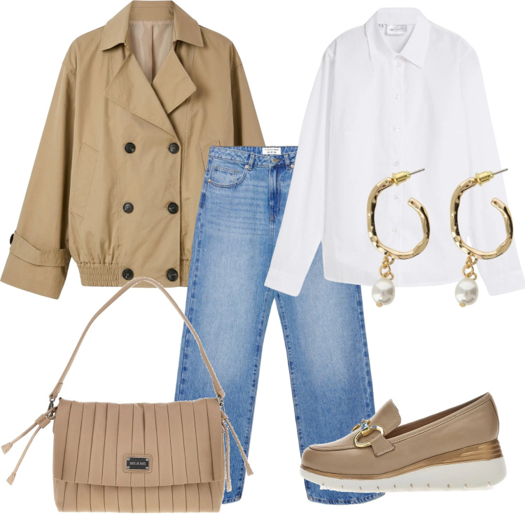 Outfit donna - Immancabile trench. Stile Minimal per Tutti i giorni. Abbinamento con camicie, jeans dritti, trench, orecchini, mocassini, pochette.
