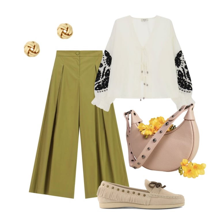 Outfit donna - Maggio. Stile Casual chic per Tutti i giorni. Abbinamento con pantaloni a palazzo, bluse, borse a spalla, orecchini, mocassini.