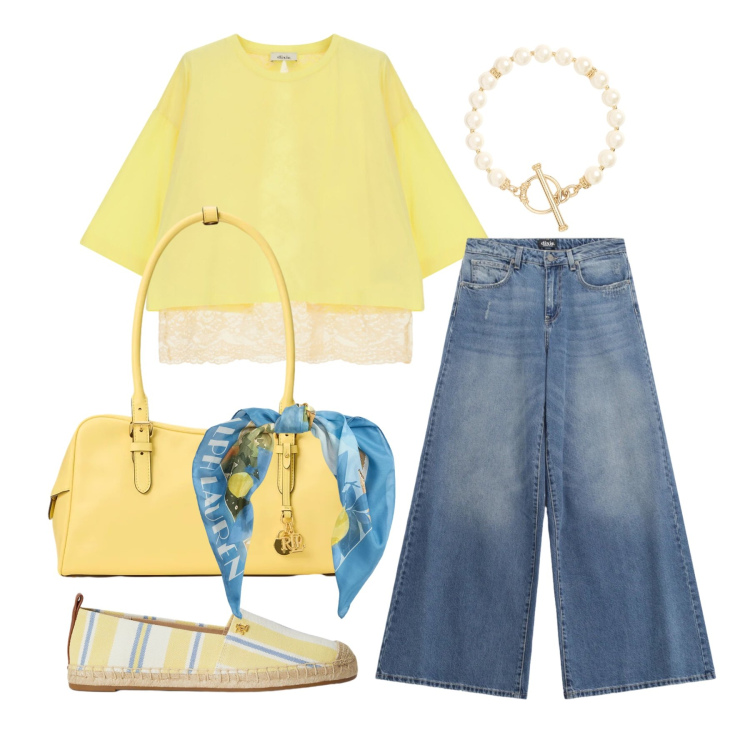 Outfit donna - Maggio. Stile Casual chic per Tutti i giorni. Abbinamento con top, jeans, foulard, borse a mano, espadrillas, braccialetti.
