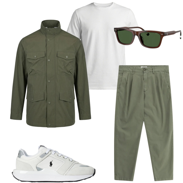 Outfit uomo - Urban primaverile. Stile Urban per Tutti i giorni. Abbinamento con pantaloni, t-shirt, occhiali da sole, sneakers, giacche.