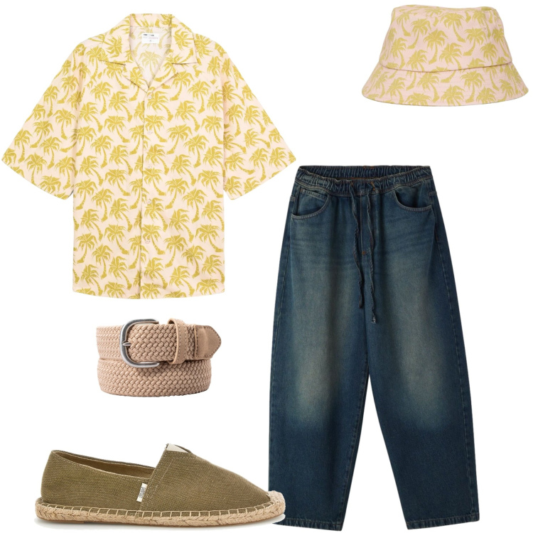 Outfit uomo - Vacanza al caldo. Stile Casual per Mare. Abbinamento con cappelli con visiera, camicie a manica corta, jeans, cinture, espadrillas.