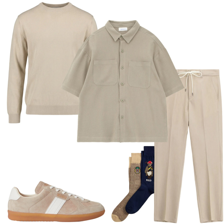 Outfit uomo - Colori neutri. Stile Urban per Tutti i giorni. Abbinamento con pantaloni, camicie a manica corta, maglieria, calzini, sneakers.