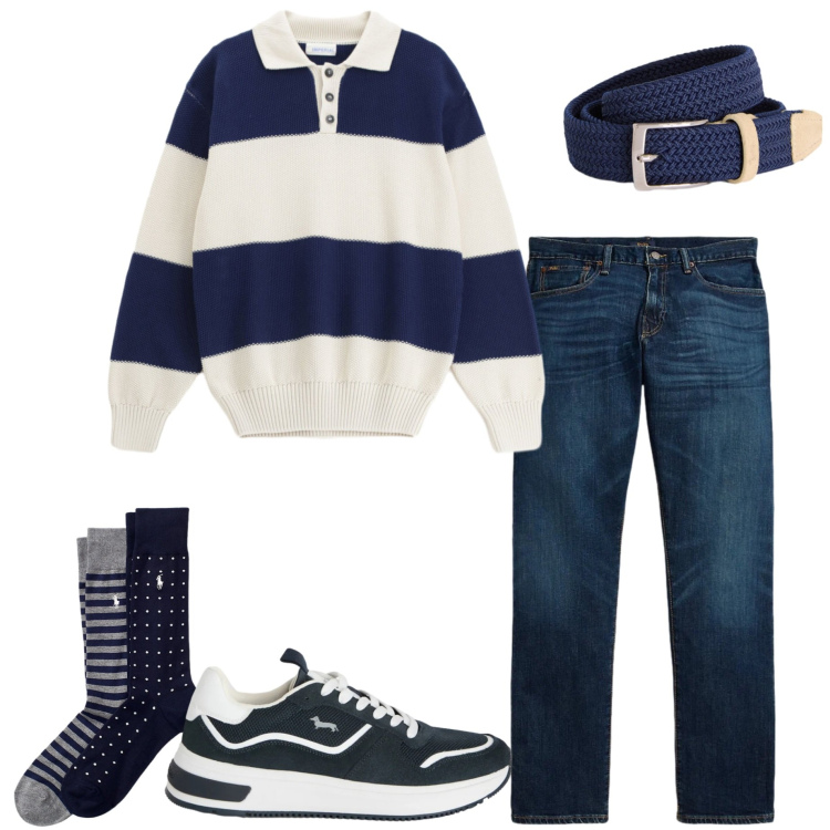 Outfit uomo - Maglia rigata. Stile Casual per Tutti i giorni. Abbinamento con maglieria, cinture, sneakers, calzini, jeans dritti.