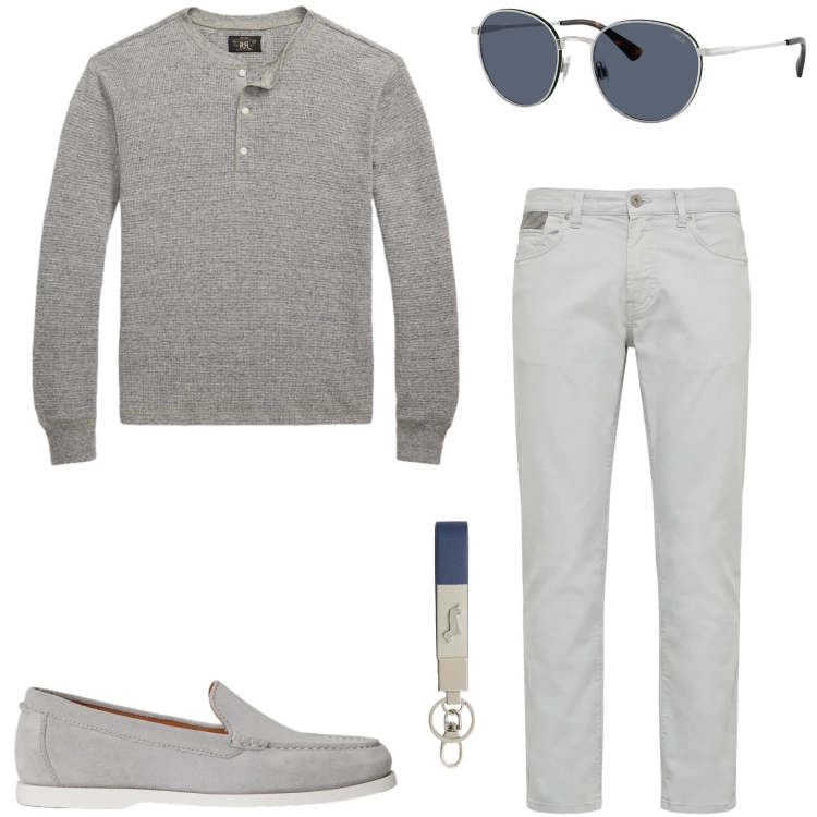 Outfit uomo - Basic style. Stile Casual per Tutti i giorni. Abbinamento con portachiavi, pantaloni, occhiali da sole, scarpe stringate, t-shirt.