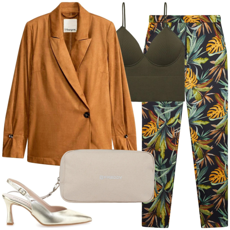 Outfit donna - Jungle Glow Elegance. Stile Casual chic per Serata fuori. Abbinamento con blazer, top, orecchini, pantaloni, valigie, décolleté.