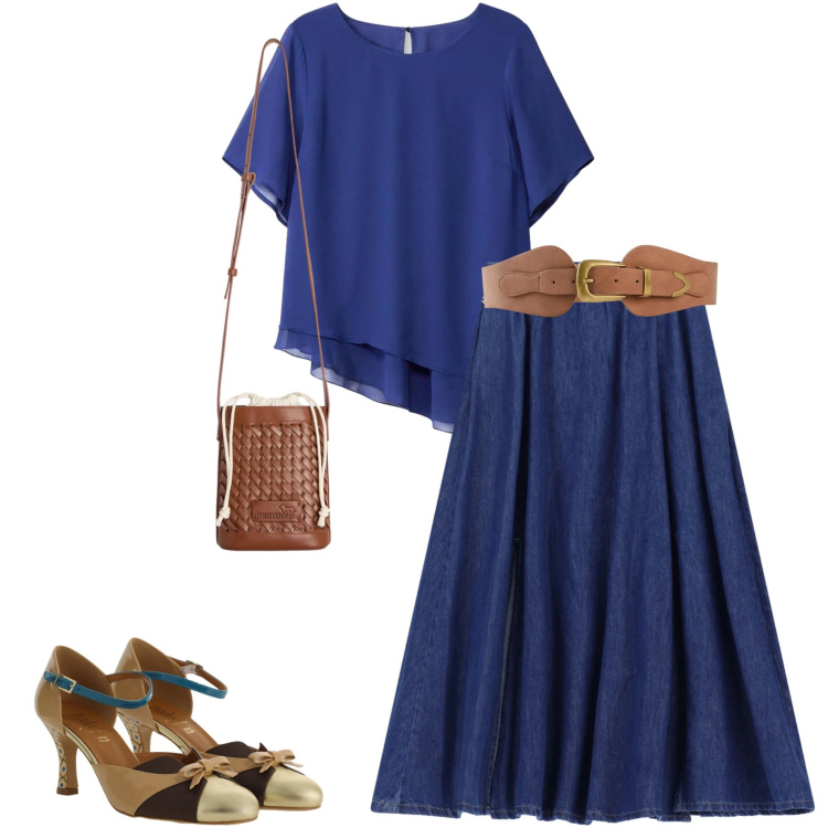Outfit donna - Punto vita protagonista. Stile Casual chic per Ufficio. Abbinamento con bluse, cinture, borse a secchiello, gonne lunghe, décolleté.