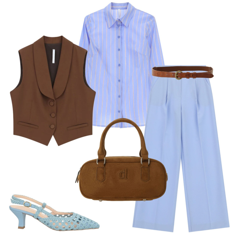 Outfit donna - Punto vita protagonista. Stile Casual chic per Ufficio. Abbinamento con décolleté, camicie, gilet, pantaloni a palazzo, cappotti, cinture.