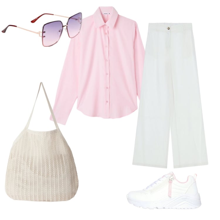 Outfit donna - Easy outfit. Stile Casual per Tutti i giorni. Abbinamento con occhiali da sole, camicie, shopping bag, pantaloni, sneakers alte.