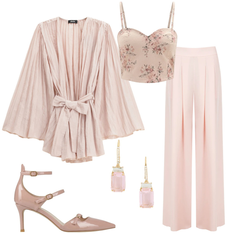 Outfit donna - Punto vita protagonista. Stile Chic per Cerimonia. Abbinamento con décolleté, pantaloni a palazzo, canottiere, blazer, orecchini.