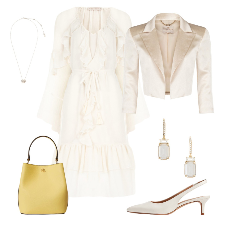 Outfit donna - Battesimo. Stile Chic per Cerimonia. Abbinamento con vestiti midi/longuette, bolero, décolleté, orecchini, borse a secchiello, ciondoli.