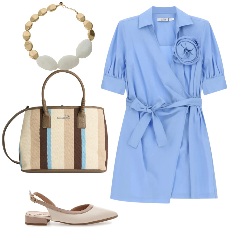 Outfit donna - Punto vita protagonista. Stile Casual chic per Ufficio. Abbinamento con shopping bag, vestiti lunghi, collane, ballerine.