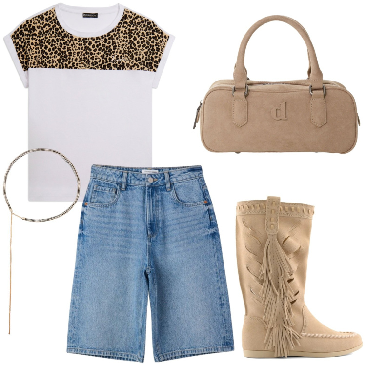 Outfit donna - Stivali con frange. Stile Glamour per Tutti i giorni. Abbinamento con bermuda, cinture, cappotti, t-shirt, stivali.