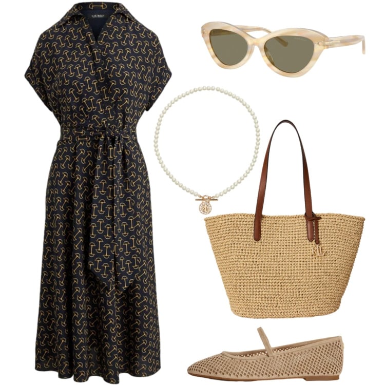 Outfit donna - Carolyn Bessette. Stile Casual chic per Tutti i giorni. Abbinamento con ciondoli, occhiali da sole, borse tote, ballerine, vestiti.