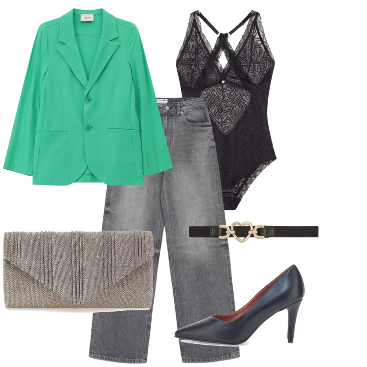 Outfit donna - Total look #2395582. Stile Sporty chic per Serata fuori. Abbinamento con body, cinture, jeans, blazer, décolleté, clutch.