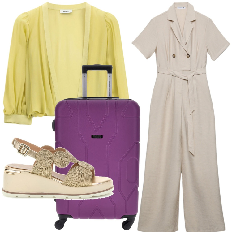 Outfit donna - Tuta comoda. Stile Glamour per Tutti i giorni. Abbinamento con tute, blazer, valigie, sandali col tacco.