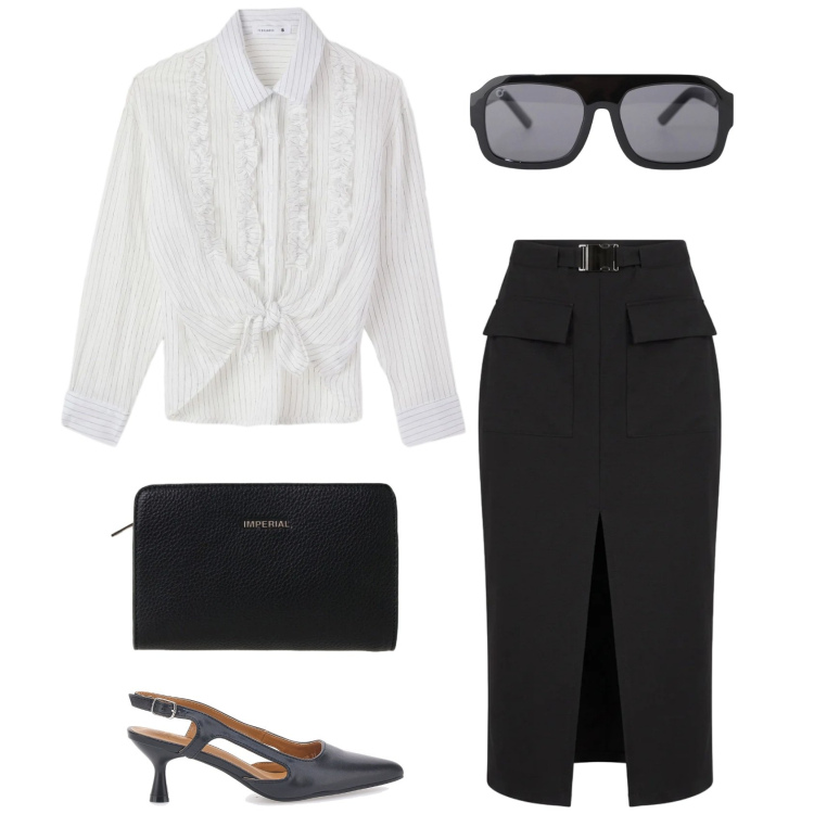 Outfit donna - Carolyn Bessette II. Stile Minimal per Ufficio. Abbinamento con camicie, gonne longuette, occhiali da sole, borse a tracolla, décolleté.